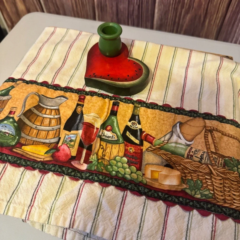 Norton Watermelon Heart Wood Candle Holder Wine Vineyard Tea Towel Set Red Green